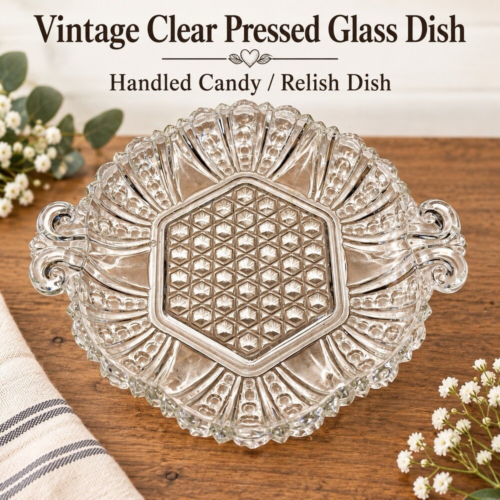 Vintage Clear Pressed Glass Honeycomb Candy Relish Dish Scroll Handles 8”